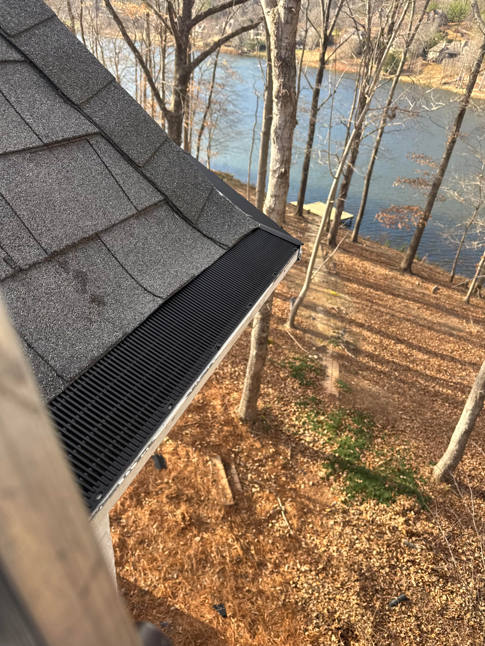 Asphalt shingle roof with black gutter guard (leaf protection) overlooking lake, dock and leaf-covered yard in autumn