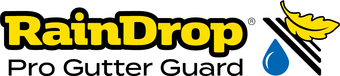 RainDrop Pro Gutter Guard logo with yellow leaf, blue water droplet and stylized gutter lines